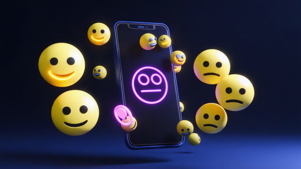 An immersive depiction of a smartphone surrounded by vibrant, floating emojis that convey a range of emotions, illustrating the dynamic nature of digital communication and expression