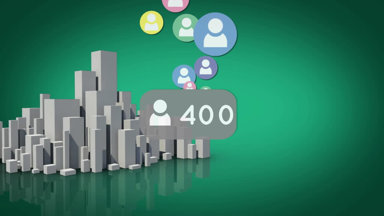 Animation of social media icons and numbers over 3d cityscape on green background