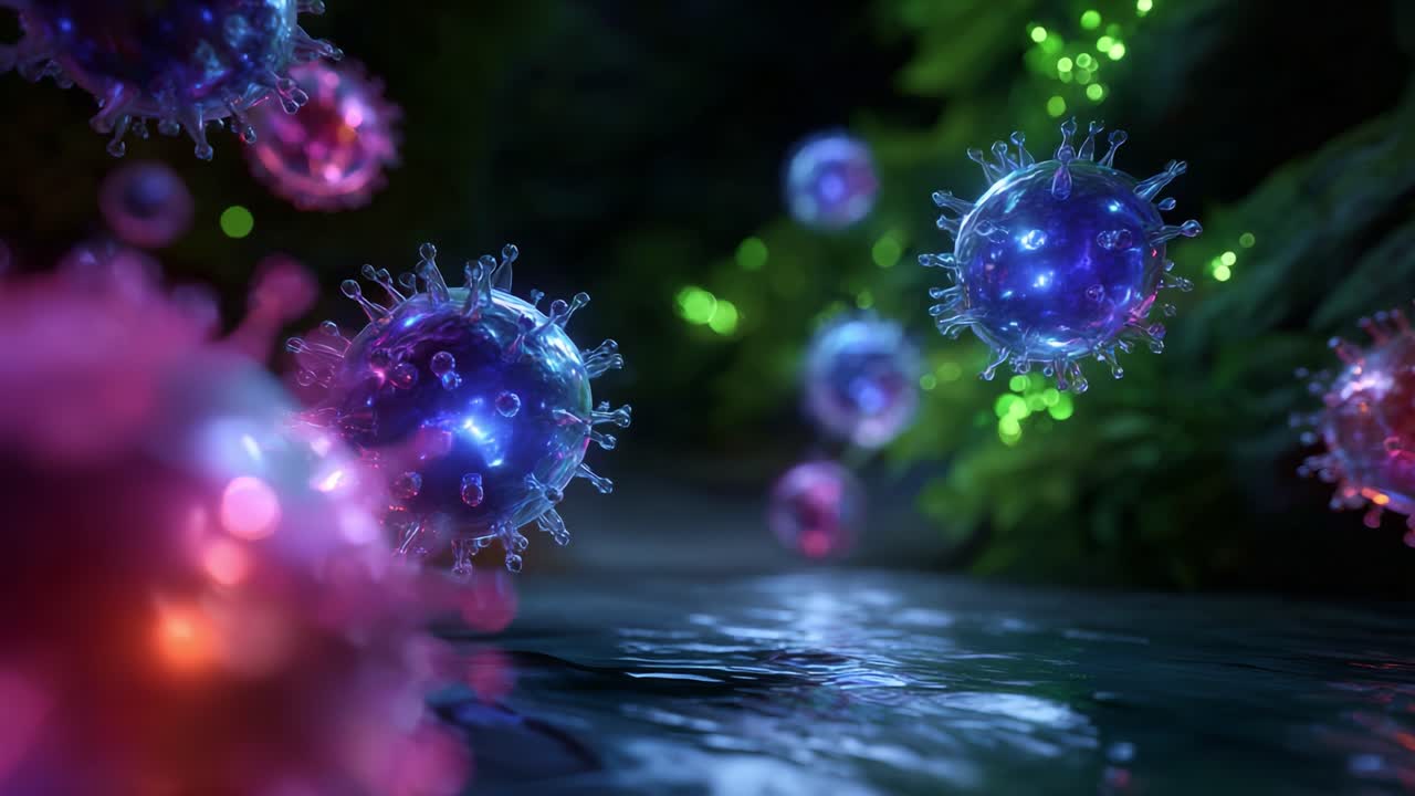 Rappresentazione visiva accattivante di entità microbiche colorate in un ambiente mistico con particolare attenzione ai loro dettagli e ai colori vivaci che si riflettono nell'acqua