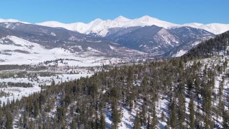 Altos-Picos-Montañosos-Cubiertos-De-Nieve-Fresca-Y-Bosques-Siempre-Verdes,-Montañas-Rocosas,-Colorado