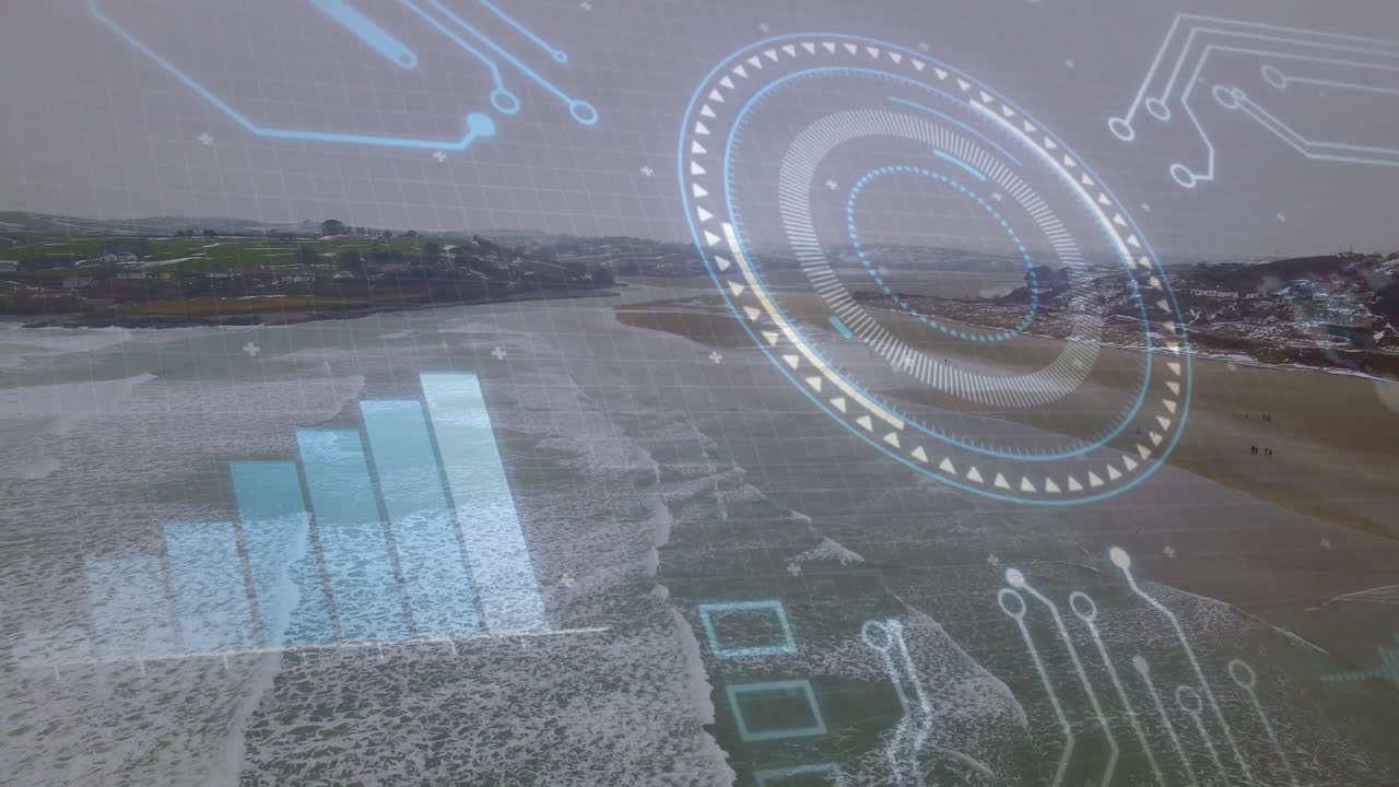 animación de interfaz digital sobre vista aérea de la playa y las olas del océano
