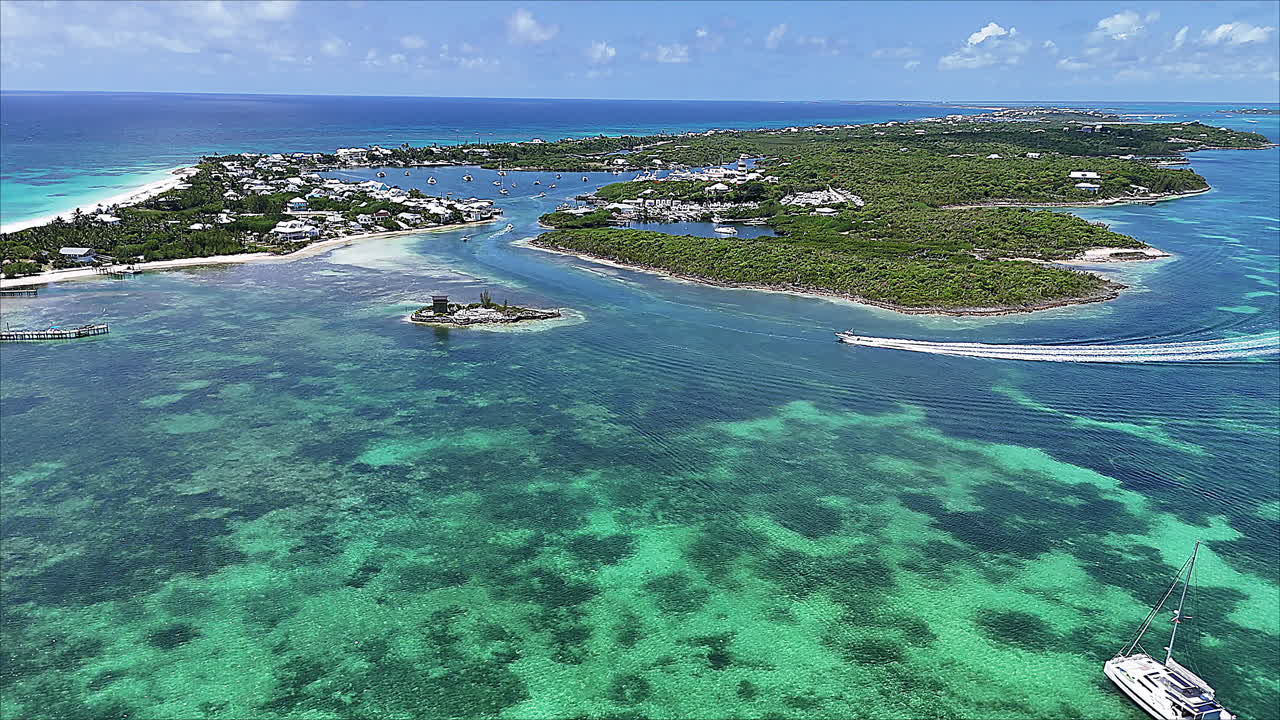 Flying the drone over the entrance to HopeTown, Elbow Key Bahamas