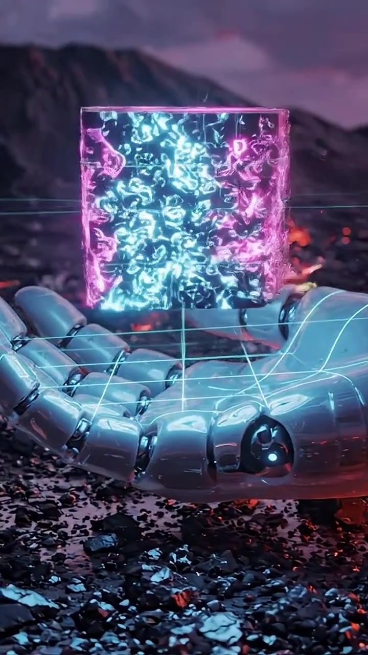 Futuristic robotic hand holding a glowing, holographic cube displaying vibrant patterns against a dramatic, rocky landscape in a cybernetic world.