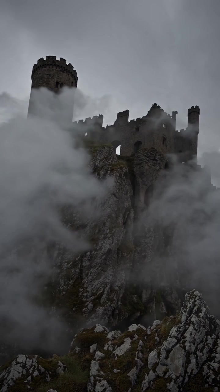 Antico castello in pietra arroccato su una scogliera rocciosa immerso in una fitta nebbia