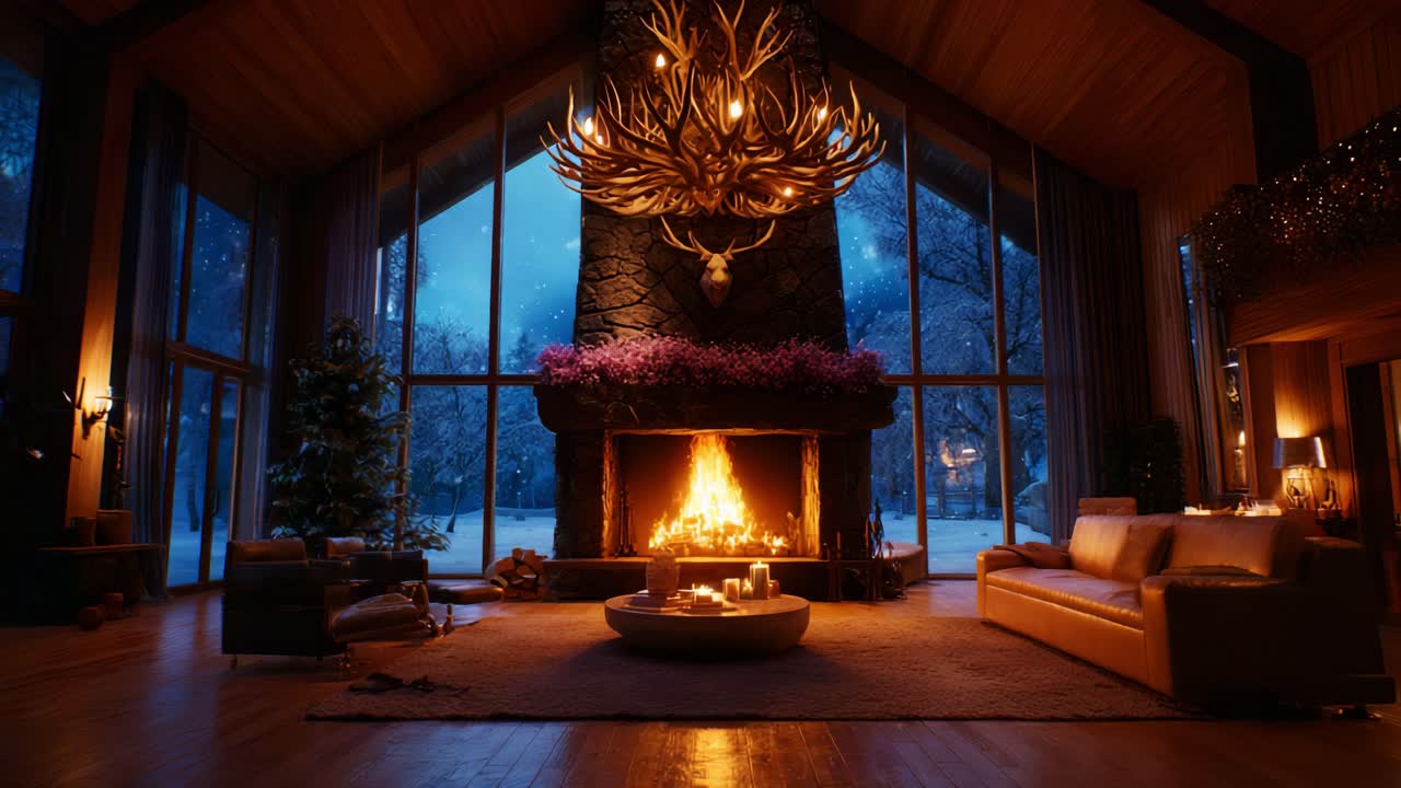 A Cozy Winter Evening by the Fireplace: A Beautifully Decorated Living Room Featuring a Warm Fire, Expansive Windows, and Rustic Elements that Create a Serene Ambiance Perfect for Relaxation and Gathering