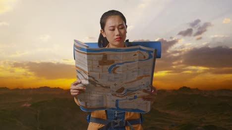 mujer leyendo un mapa en las montañas al atardecer