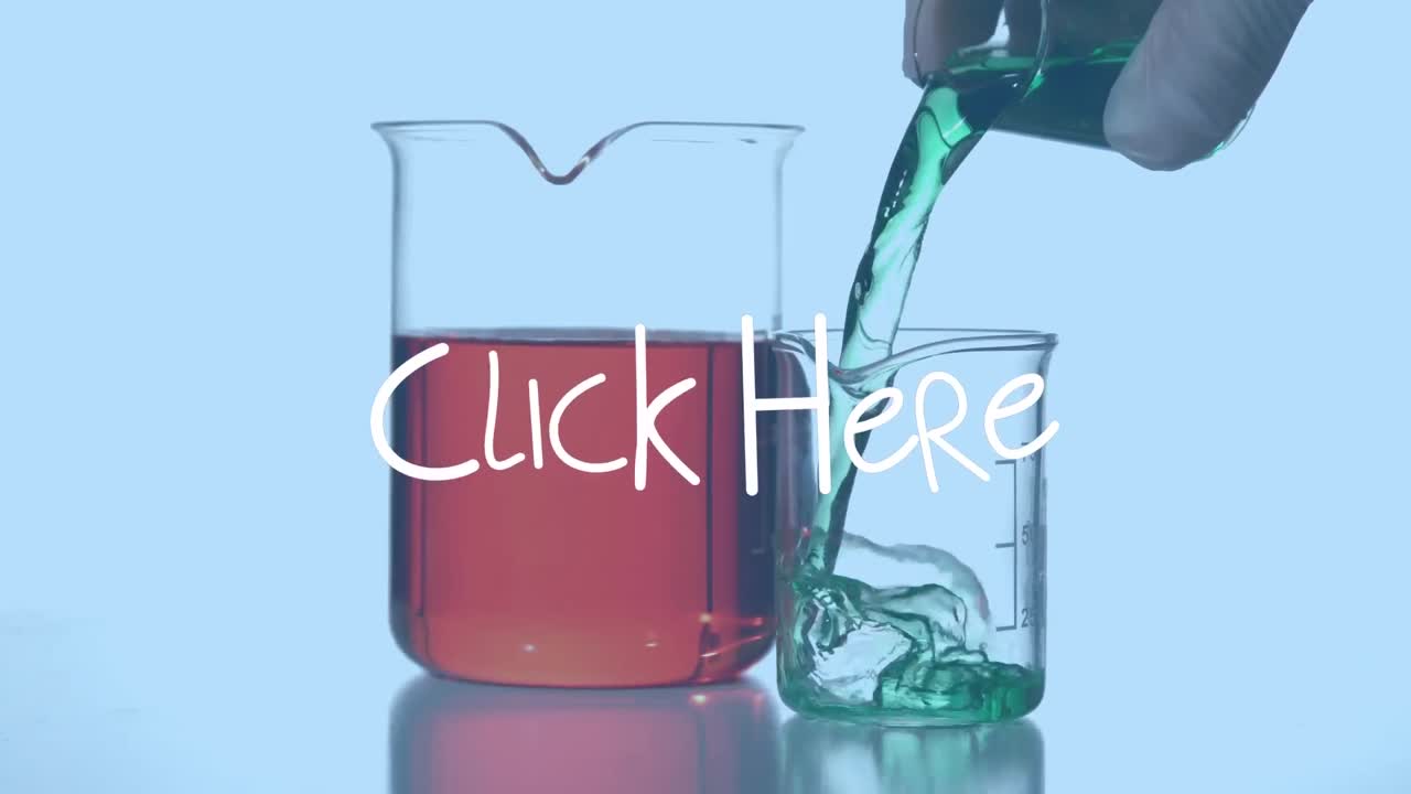 animación de hacer clic aquí sobre gafas de laboratorio con reactivo en fondo azul