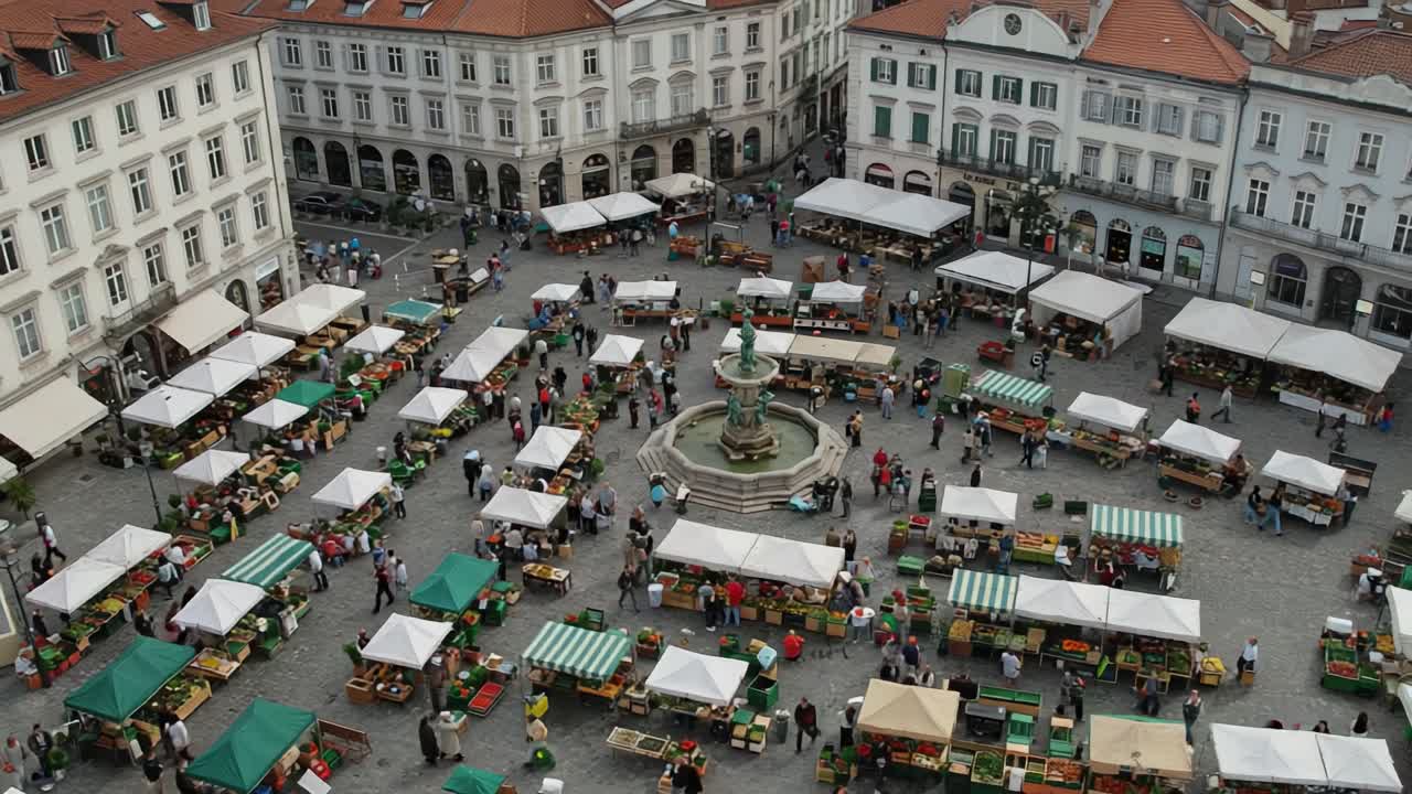Aerial View of a Bustling Marketplace: Vibrant Stalls and Crowded Square with Shoppers and Local Goods in an Urban Setting
