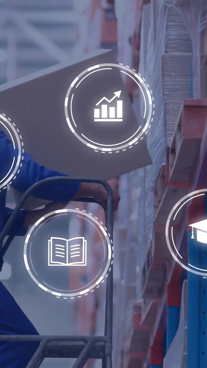 Organizing boxes in warehouse, worker interacts with animation of digital icons