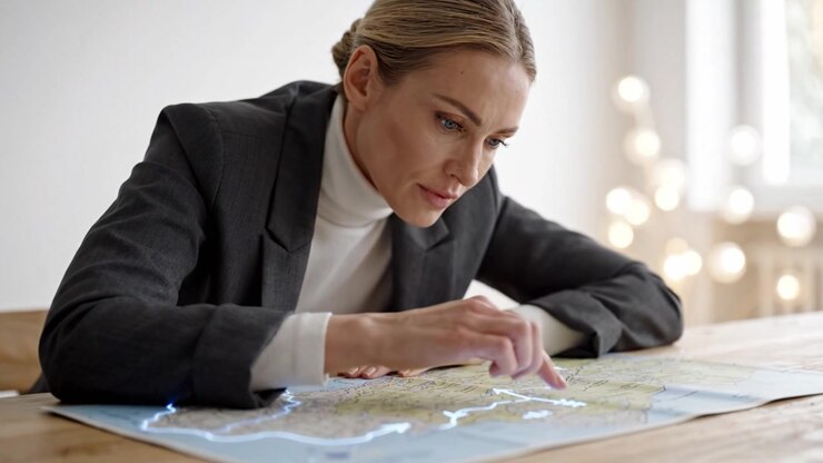 Woman Analyzing a Map with Focus and Determination, Tracing Routes and Locations with Her Finger in a Stylish, Modern Workspace Amid Soft Background Lights