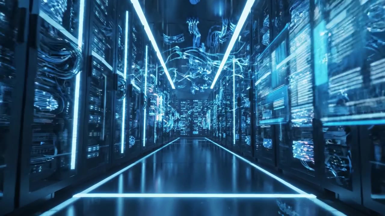 A Futuristic Data Center Illuminated by Soft Blue Lights, Showcasing High-Tech Servers and Advanced Networking Equipment in a Cutting-Edge Computing Environment
