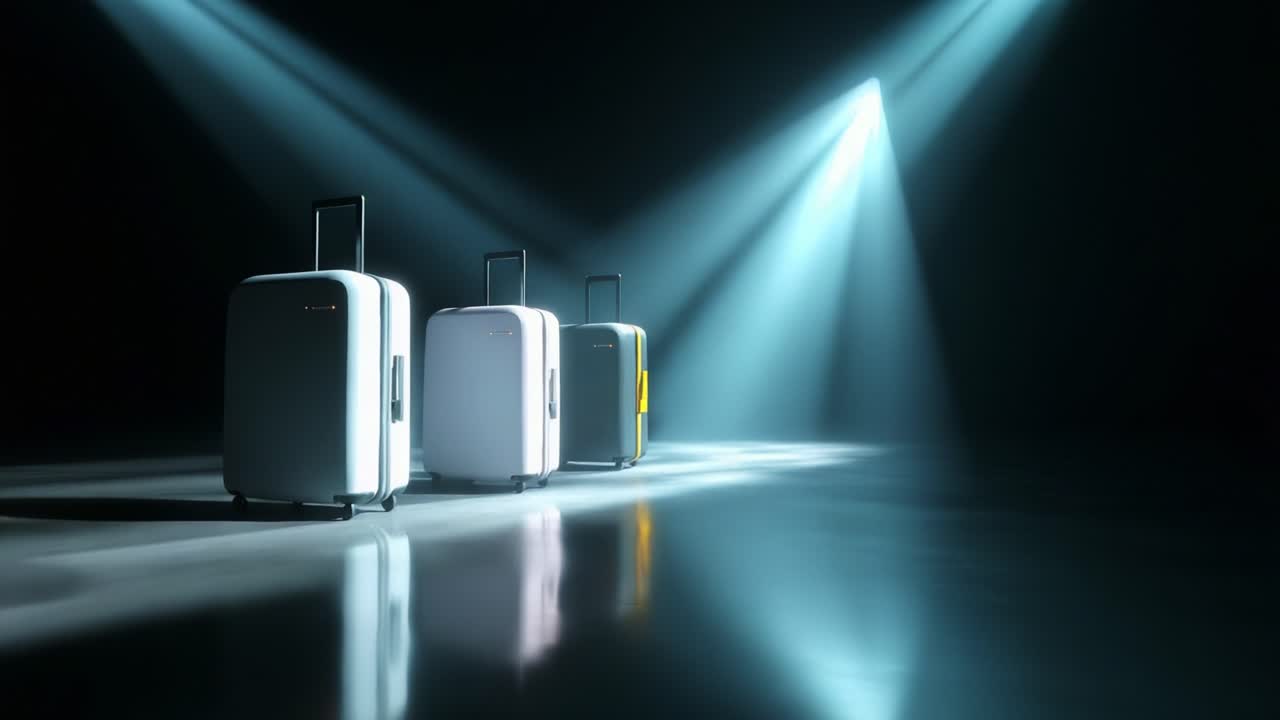 En kunstnerisk fremvisning af moderne bagage: En trio af stilfulde kufferter belyst af dramatisk scenelys, der viser elegante designs og moderne farver på en refleksion i et svagt oplyst rum