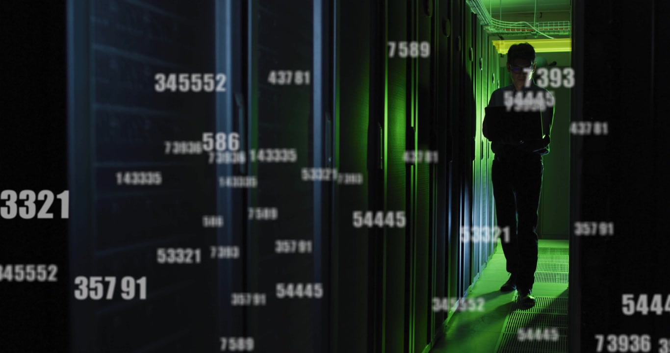 IT tech walking datacenter aisle, reading laptop and starting numeric overlays growing for checks
