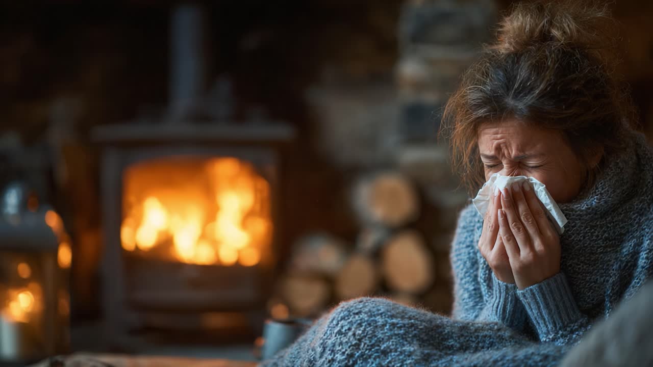 A Woman Caught in a Winter Chill: Battling Cold and Discomfort by the Fire, Wrapped in Warmth Yet Struggling with Illness