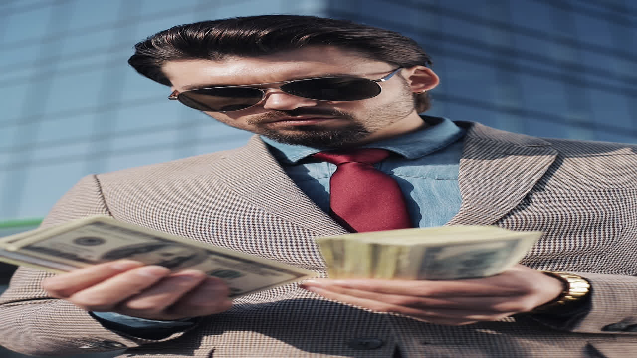 Uomo con occhiali da sole che conta banconote di dollari americani all'aperto