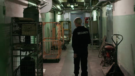 Female-safety-guard-with-flashlight-in-a-warehouse