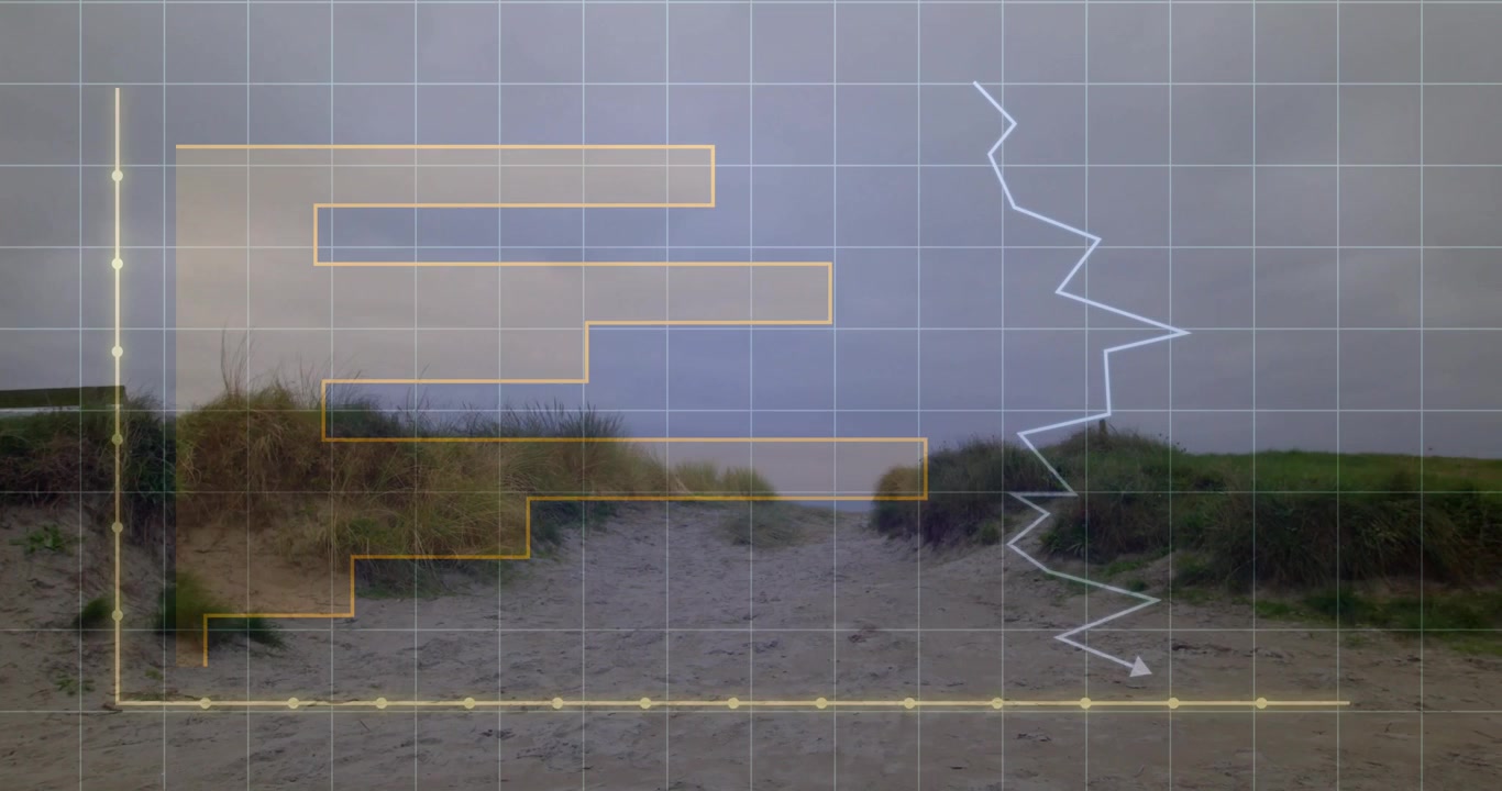 Grid fading triggers axes emerging for chart bars stacking and retracting while white line shifting