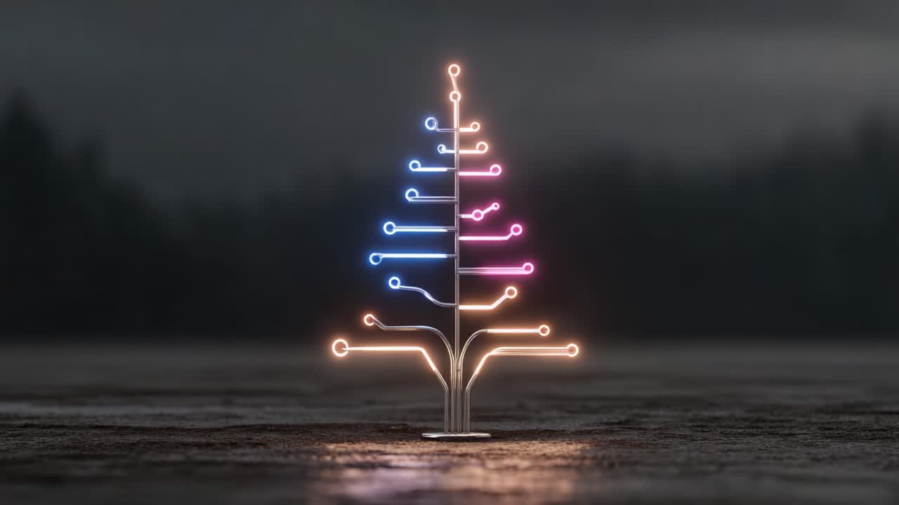 A Mesmerizing Fusion of Nature and Technology: An Illuminated Circuit Tree Shining Against a Mysterious Dark Background, Showcasing a Unique Blend of Art and Innovation