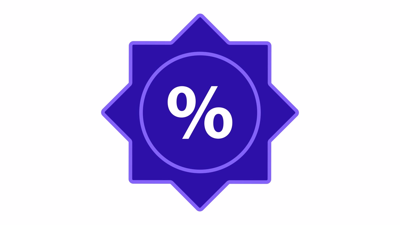 Badge animato con simbolo di percentuale viola rotante su sfondo bianco