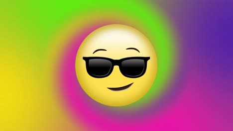 Animation-Eines-Lächelnden-Gesichts-Mit-Sonnenbrillen-Emoji-Und-Farbenfrohem-Abstraktem-Hintergrund