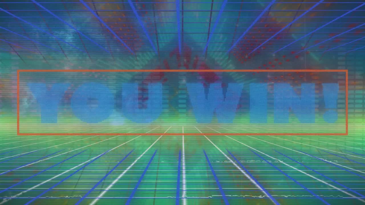 animación de usted ganar banner de texto sobre la red de rejilla contra las formas de neón en un patrón sin costuras