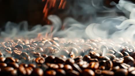 a pile of coffee beans with smoke coming out of them