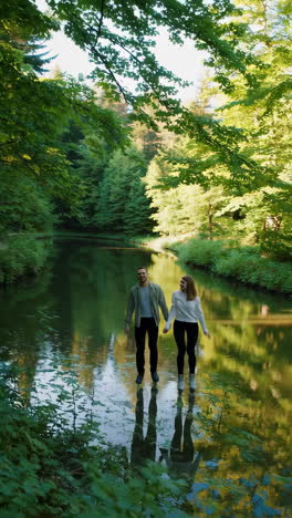 couple walking on a calm forest pond
