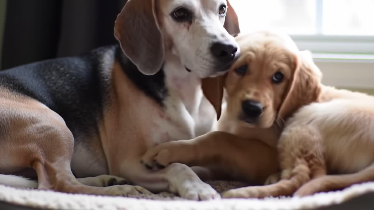 Un commovente momento di connessione: un beagle anziano conforta un cucciolo di golden retriever giocherellone in un ambiente interno accogliente