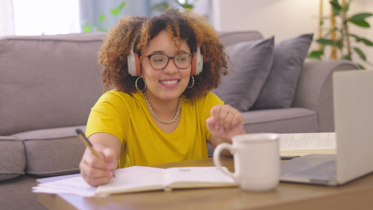 Headphones, laptop and woman studying with music