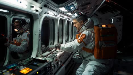 astronaut examines control panel inside spacecraft during night mission