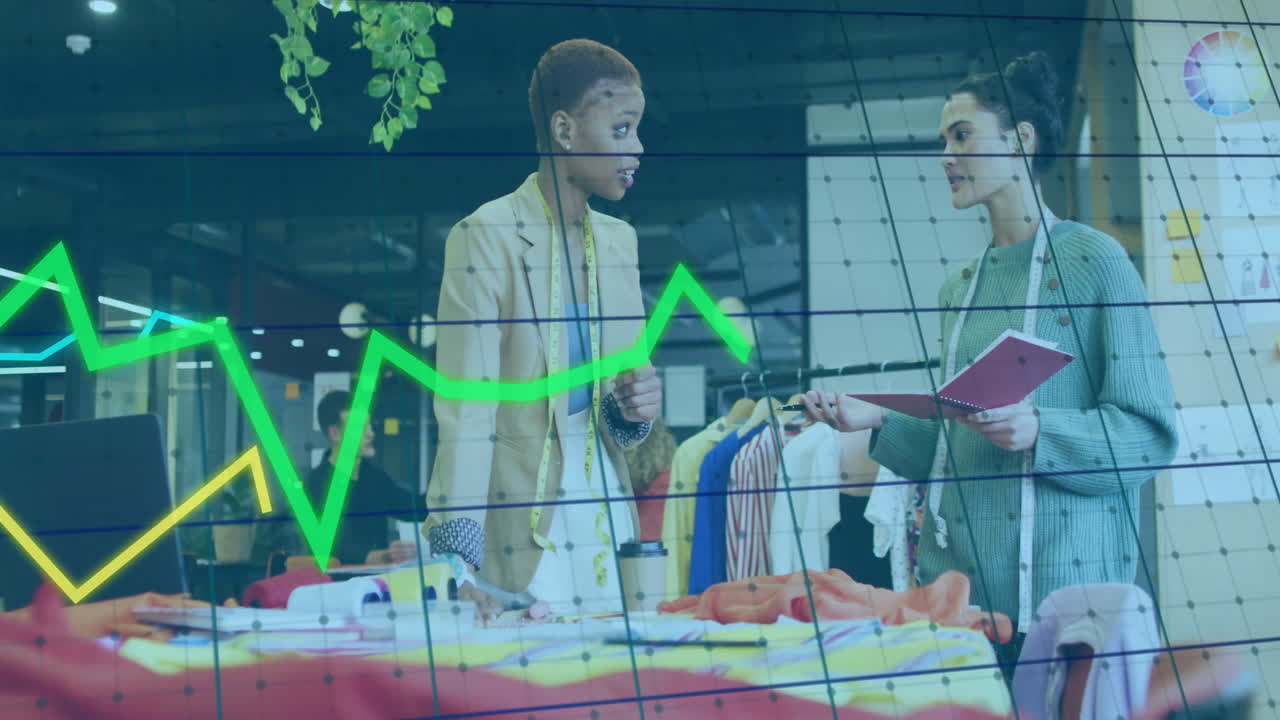 Animation of financial data processing over diverse creative business people in office