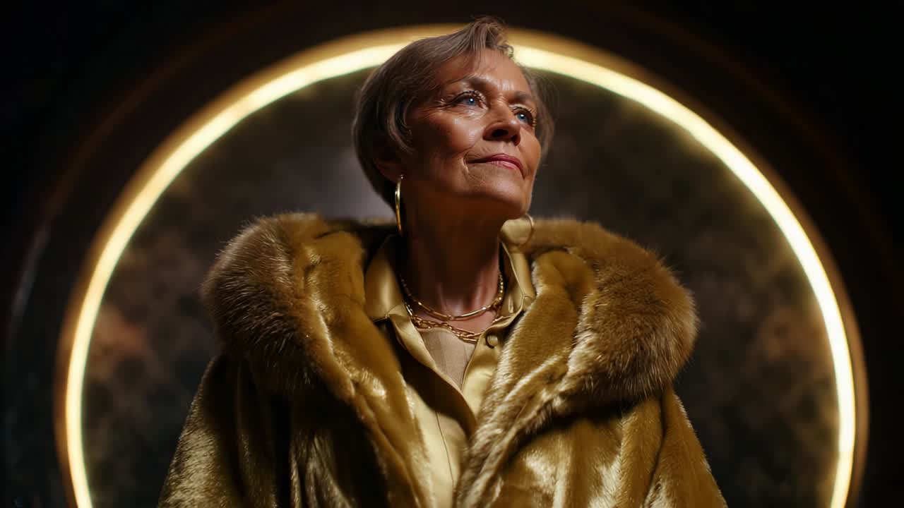 A Confident Woman in a Luxurious Fur Coat, Illuminated by a Soft Glow, Exuding Elegance and Poise in a Dimly Lit Atmosphere, Representing Timeless Beauty and Strength in Modern Context