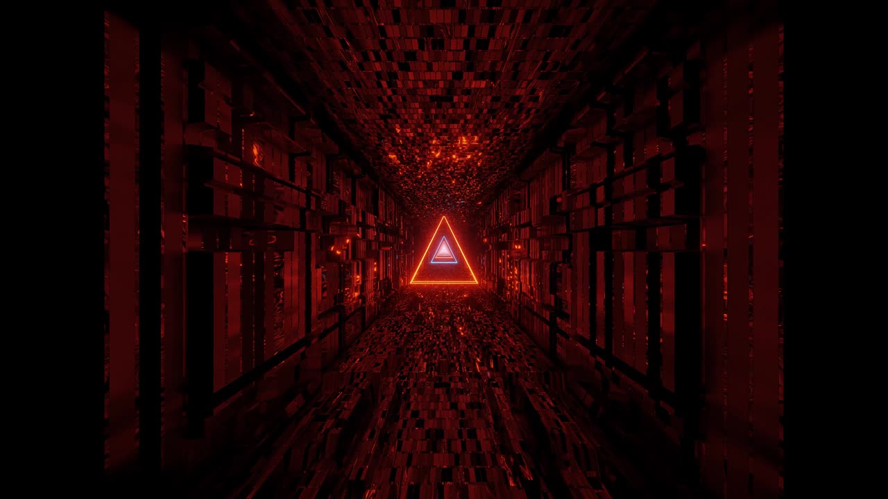 triángulo de marco de alambre brillante con corredor de túnel reflectante técnico ilustración 3d fondo de movimiento papel tapiz en vivo club visuales vj bucles