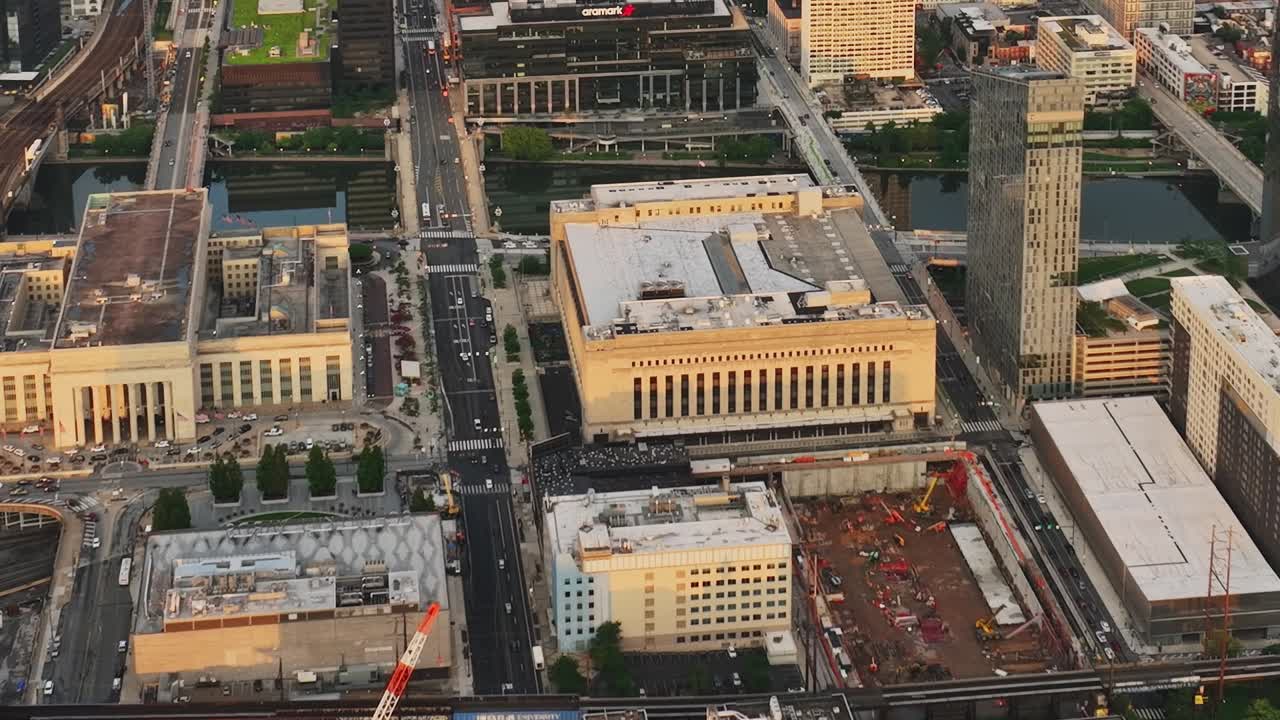 Aerial view of urban development in Philadelphia during golden hour