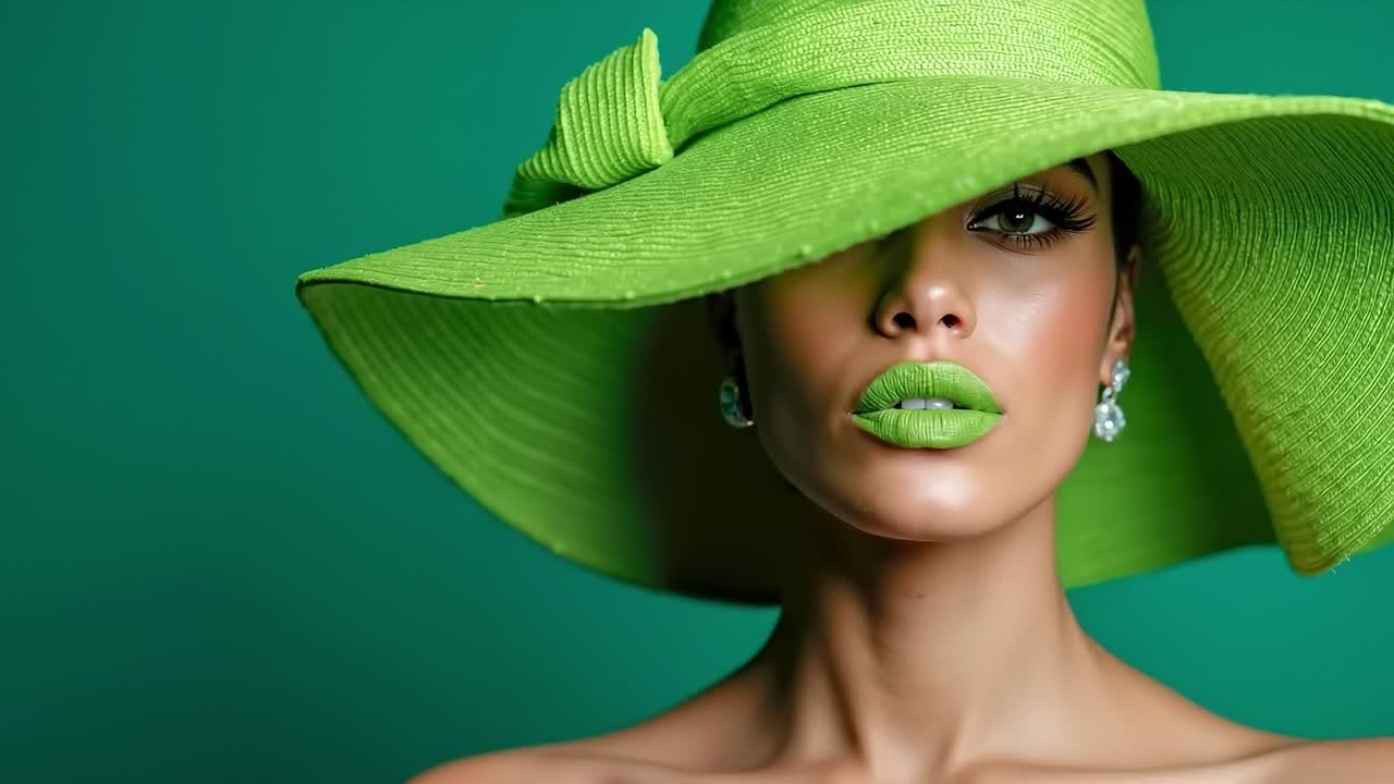 A woman wearing a green hat and green lipstick