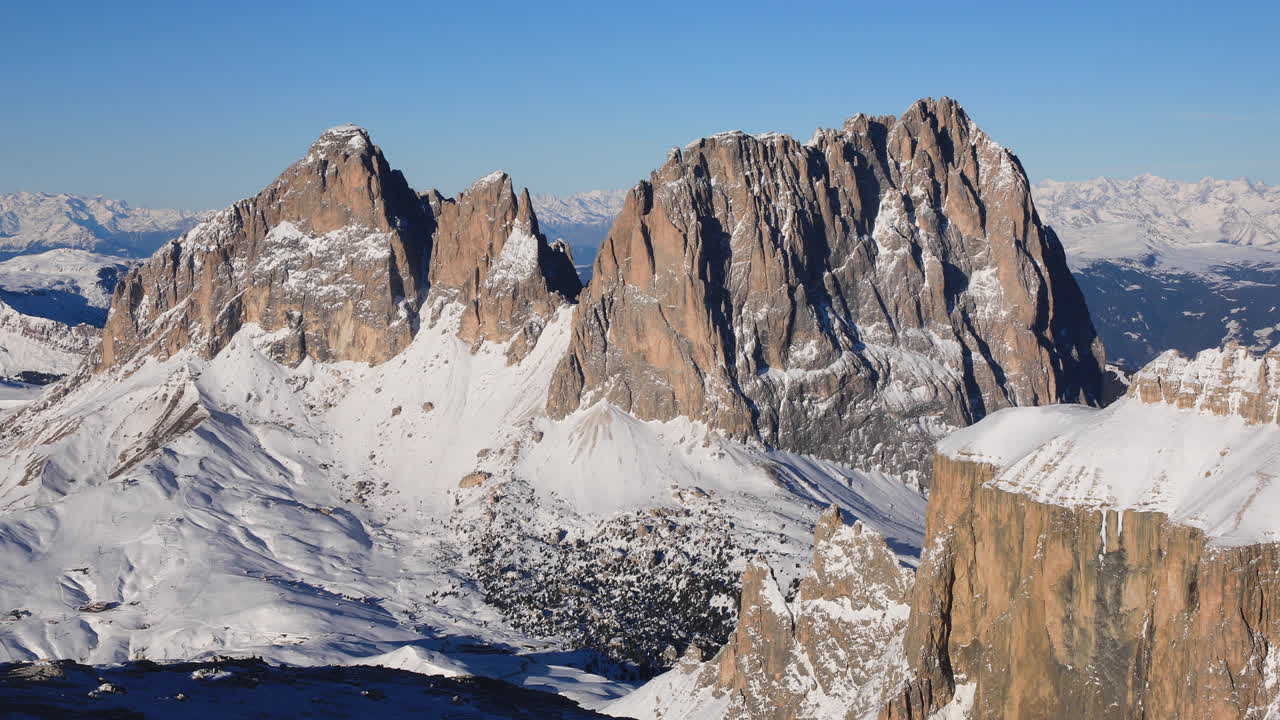 Winter conditions in the Dolomites above Passo Sella in Italy.