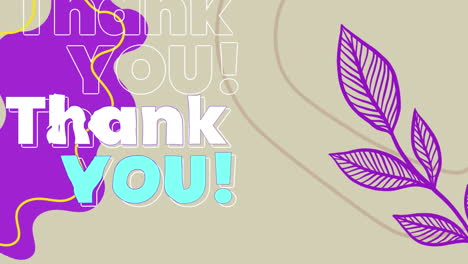 digital animation of thank you text against purple floral designs on beige background