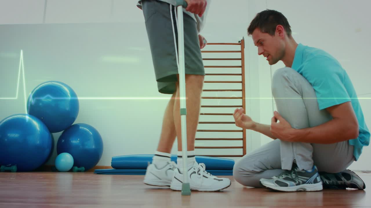 PT kneeling counting, patient balancing on forearm crutches for rehab, ECG graphic showing balance