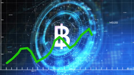 Animation-of-graphs-and-numbers-over-thai-baht-sign-in-illuminating-circles