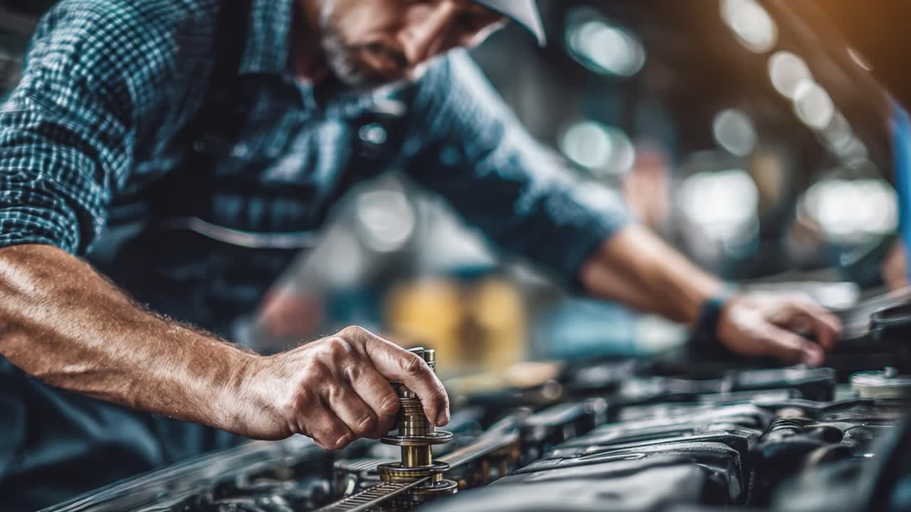 A skilled mechanic expertly repairing an engine, showcasing intricate techniques and attention to detail in a well-lit workshop environment, highlighting the craftsmanship involved