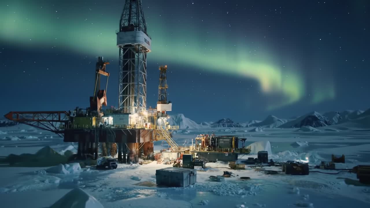 Nordlys oplyser boreplatform i arktisk landskab under kold nat