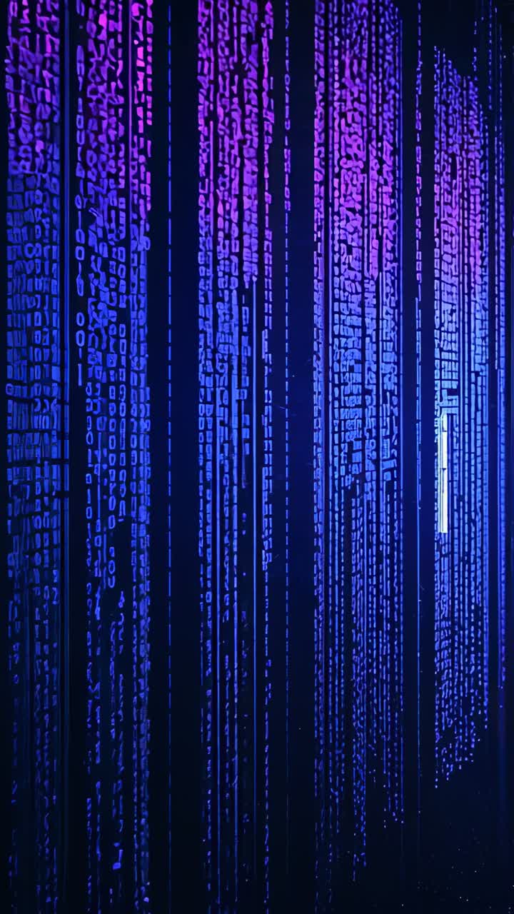 Vertical video: Camera drifting, LED wall scrolling glyph columns at dim gallery showing white bar