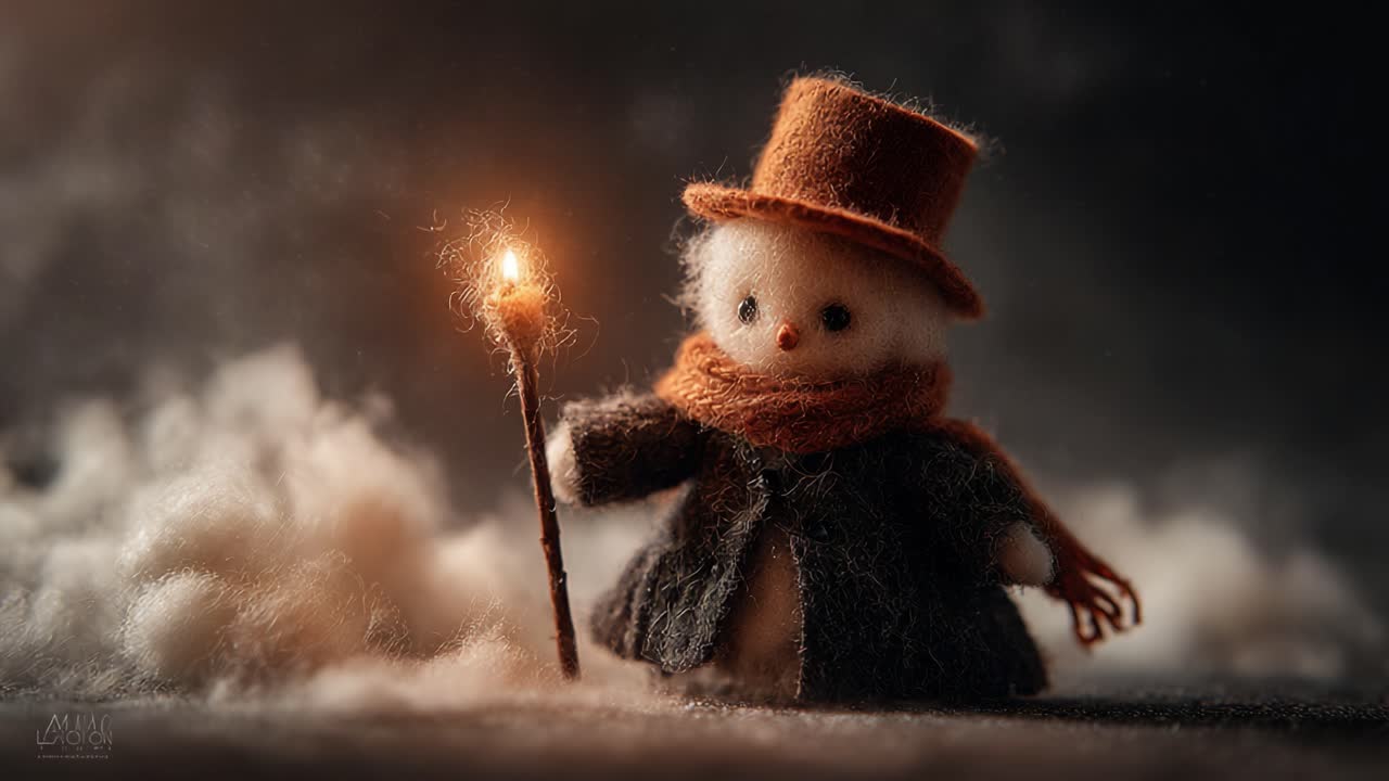 A Charming Frosty Figure: Whimsical Snowman in Top Hat and Scarf, Holding a Sparkling Torch Amidst a Mystical Snowy Backdrop
