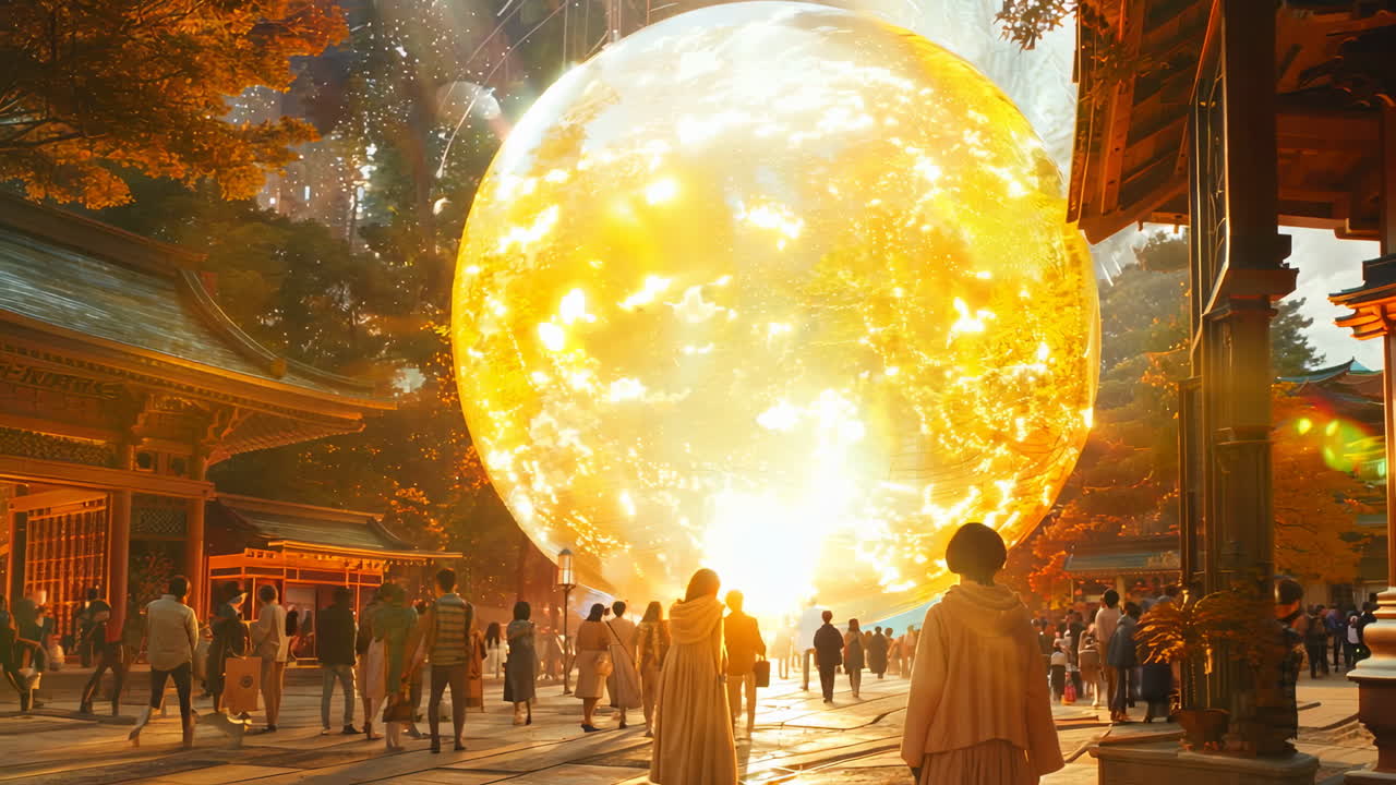 Golden Sphere Emerges Over Temple During Festival at Sunset. A vibrant golden sphere appears above a temple as people gather to celebrate the festival at dusk.