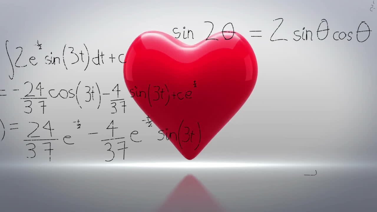 Animation of red heart floating over mathematical equations on reflective surface