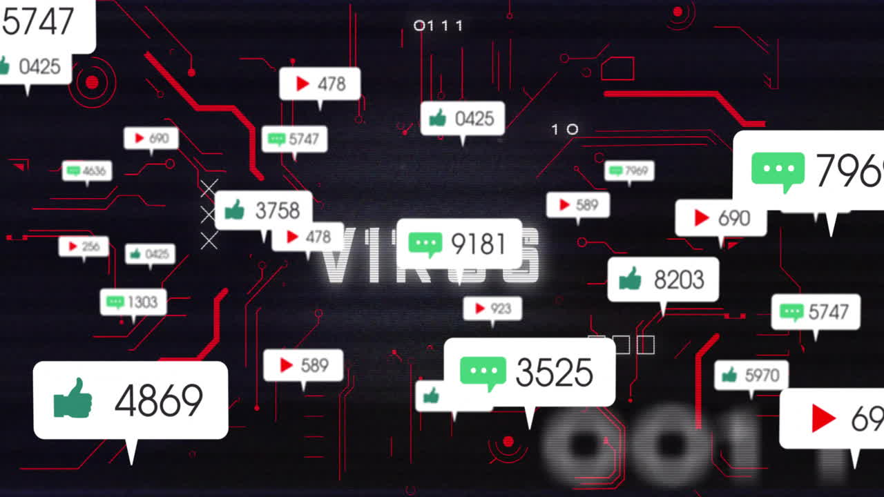 Animation of floating social media icons showing likes, comments, and views