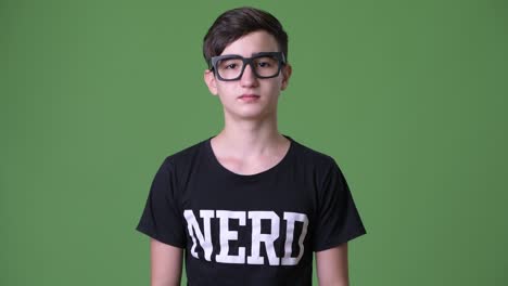 young handsome iranian teenage boy against green background