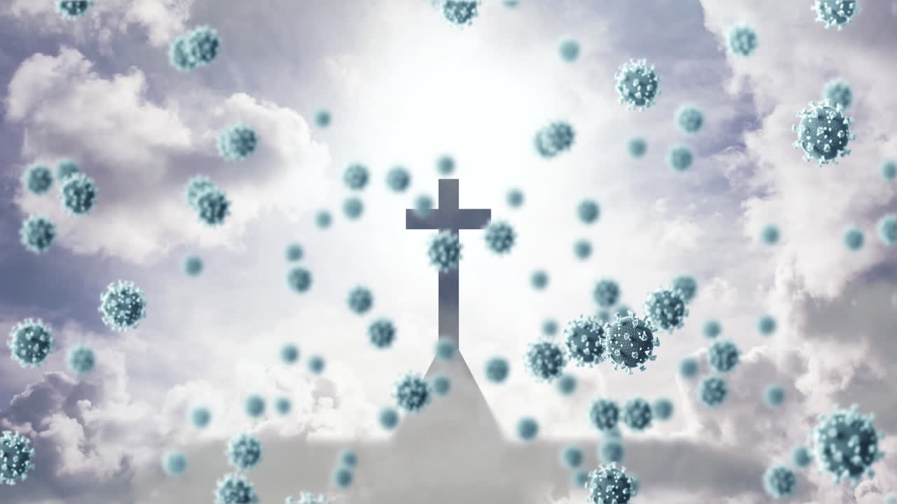 코로나19 세포가 배경에서 십자가에 맞서 움직입니다.