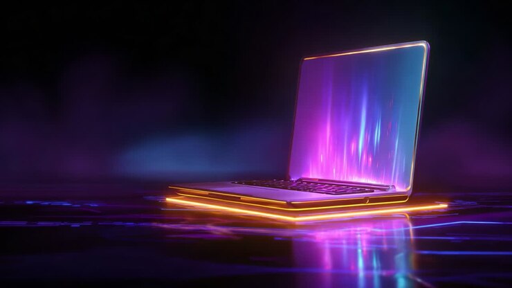 En fortryllende visuel fremvisning af en elegant bærbar computer omgivet af glødende neonlamper og livlige farver, der viser en kunstnerisk og moderne tilgang til teknologi og design i et futuristisk miljø