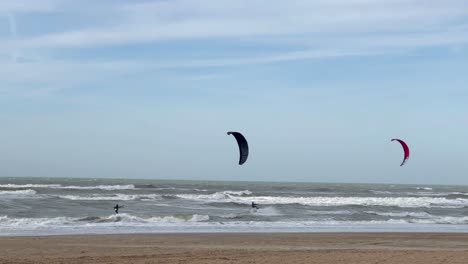 slow motion wide shot of surfing kite surfer on waves of north sea during sunny day in netherlands